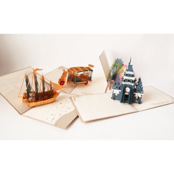 4 Vintage Pop Up Cards Intricate Peacock Galleon Ship Temple Thailand Bus - Picture 1 of 9